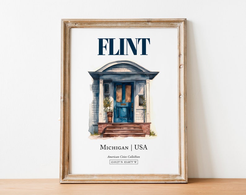 Flint, Michigan, USA, Aesthetic Minimalistic Watercolor Door, Wall Art Print Poster, Living Room Wall Art image 8