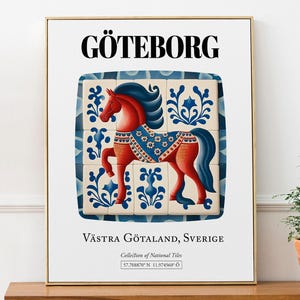 Göteborg, Sweden (Sverige), Traditional Red Dala Horse Tile Pattern Aesthetic Wall Art Print Poster