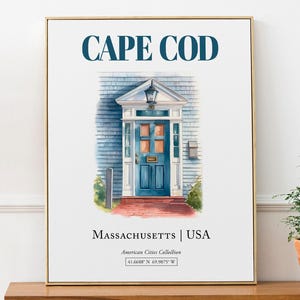 Cape Cod, Massachusetts, USA, Aesthetic Minimalistic Watercolor Traditional Door, Wall Art Décor Print Poster, Kitchen Wall Decor