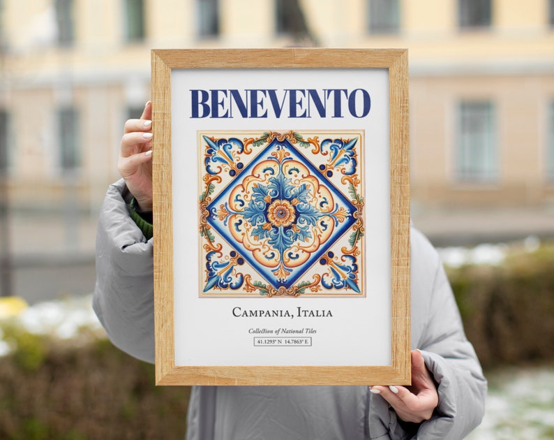 Benevento, Campania, Italy, Aesthetic Folk Traditional Maiolica Tile, Wall Art Décor Print Poster, Living Room Decor image 7