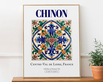 Chinon, Centre-Val de Loire, France, Aesthetic Minimalistic Traditional Tile, Wall Decor Print Poster, Kitchen Wall Decor