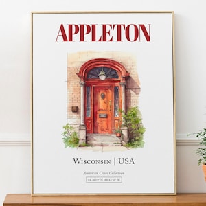 Appleton, Wisconsin, USA, Aesthetic Minimalistic Watercolor Traditional Door, Wall Art Print Poster, Living Room Wall Decor