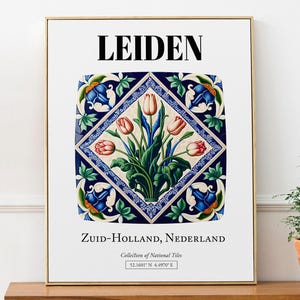 Leiden, Netherlands, Folk Tile Pattern with Tulips Aesthetic Wall Art Print Poster