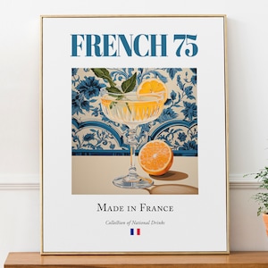 French 75 on Maiolica Tile, Traditional French Beverage (Drink) Print Poster, Kitchen and Bar Wall Art