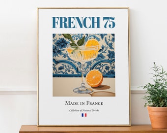 French 75 on Maiolica Tile, Traditional French Beverage (Drink) Print Poster, Kitchen and Bar Wall Art