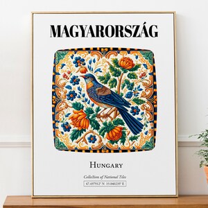 Magyarország, Hungary, Traditional Tile Pattern with Colorful Bird Aesthetic Wall Art Print Poster