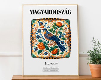 Magyarország, Hungary, Traditional Tile Pattern with Colorful Bird Aesthetic Wall Art Print Poster