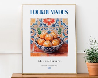 Loukoumades Print, Traditional Greek Food Poster, Kitchen Cafe Wall Art