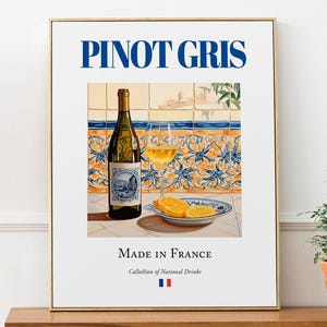 Vino Pinot Gris sobre baldosas de mayólica, póster con impresión de bebida tradicional de Alsacia, arte mural para cocina y bar