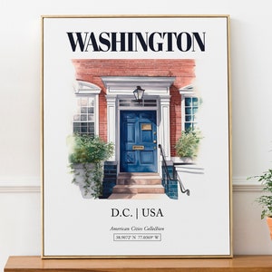 Washington, D.C., USA, Aesthetic Minimalistic Watercolor Entrance Door, Wall Art Print Poster, Living Room Decor image 1