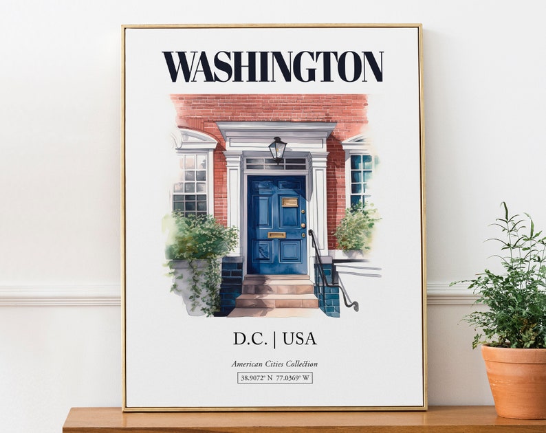 Washington, D.C., USA, Aesthetic Minimalistic Watercolor Entrance Door, Wall Art Print Poster, Living Room Decor image 1