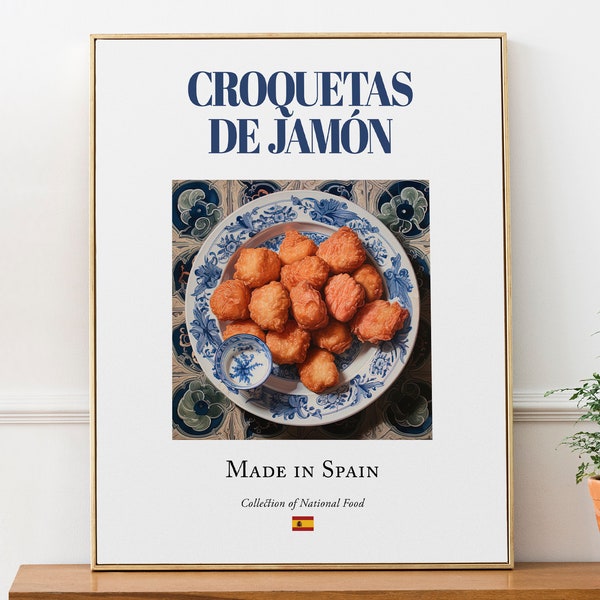 Croquetas de Jamón sur plaque de carreaux de Maiolica, affiche d'impression d'art mural de cuisine espagnole traditionnelle, décor de cuisine et de café, cadeau gourmand