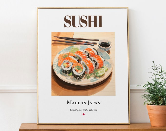 Sushi on folk tile plate, Traditional Japanese Food Wall Art Print Poster, Kitchen and Café Decor, Food Lover Gift