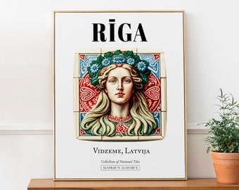 Riga, Vidzeme, Latvia (Latvija), Traditional Tile Pattern Aesthetic Wall Art Decor Print Poster