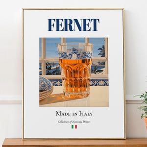 Póster con impresión de Fernet sobre baldosas de mayólica, bebida tradicional italiana, arte mural para cocina y bar
