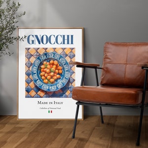 Gnocchi su piatto di maiolica, tradizionale cibo italiano, decorazione da parete, poster, regalo per buongustai, arte da parete per cucina