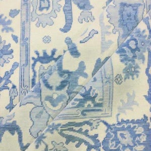 Hand-Knotted Oushak Wool Rug: Tuscan Ivory Teal Turkish Area Rug