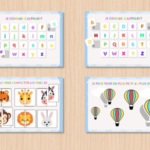 May include: Four educational activity sheets featuring colorful graphics. Two sheets display alphabet grids with lowercase and uppercase letters. One sheet shows animal face puzzles, and one sheet displays hot air balloons of varying sizes.