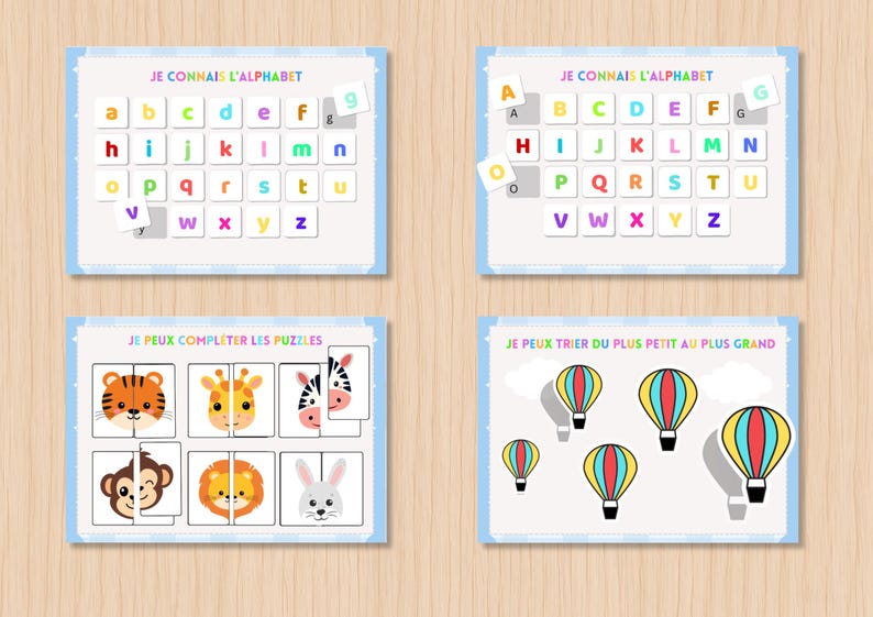 May include: Four educational activity sheets featuring colorful graphics. Two sheets display alphabet grids with lowercase and uppercase letters. One sheet shows animal face puzzles, and one sheet displays hot air balloons of varying sizes.