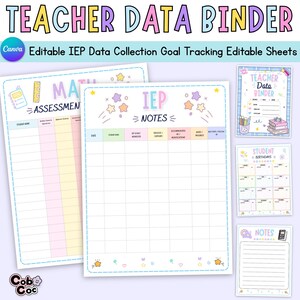 Può includere: Un set di raccoglitori di dati per insegnanti con fogli modificabili per la raccolta dati IEP e il monitoraggio degli obiettivi. Le pagine presentano intestazioni color pastello, grafiche a stella e griglie per nomi, date e note di progresso.