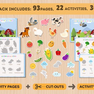May include: A digital activity pack featuring 93 pages and 22 activities at 300 DPI. The set includes printable sheets with farm animals, vegetables, and weather themes, alongside individual cut-outs of animals, produce, and weather icons.
