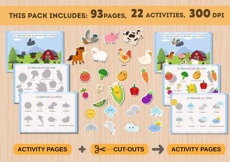 May include: A digital activity pack featuring 93 pages and 22 activities at 300 DPI. The set includes printable sheets with farm animals, vegetables, and weather themes, alongside individual cut-outs of animals, produce, and weather icons.