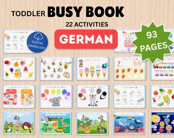 May include: A digital download toddler busy book with 22 activities and 93 pages in German. The educational set features colorful illustrations of animals, fruits, weather, numbers, and space, presented on individual activity sheets for children.