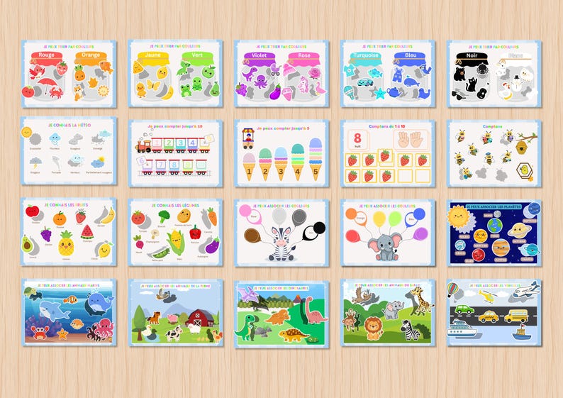 May include: A collection of twenty educational learning cards featuring colorful illustrations of colors, numbers, weather, fruits, vegetables, animals, planets, and vehicles, each with French text labels for early childhood development and vocabulary building.