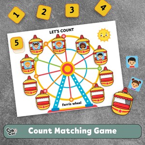 Könnte beinhalten: Ein pädagogisches Zählspiel für Kinder mit einer Illustration eines Riesenrads und dem Text LET'S COUNT sowie Ferris wheel. Das Spiel enthält gelbe nummerierte Quadrate von 1 bis 5 und separate ausgeschnittene Teile von Kindern in Gondeln.