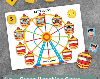 May include: A children's educational counting game featuring a colorful Ferris wheel illustration with the text LET'S COUNT and Ferris wheel. The game includes yellow numbered squares from 1 to 5 and separate cut-out pieces of children in gondolas.