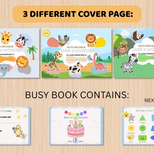 May include: Three activity book covers featuring cartoon animals like lions, giraffes, and zebras, with the text Mon Premier Livre D'Activit&eacute;s. Below, three activity pages show a birthday cake, shapes, and personal information sections.