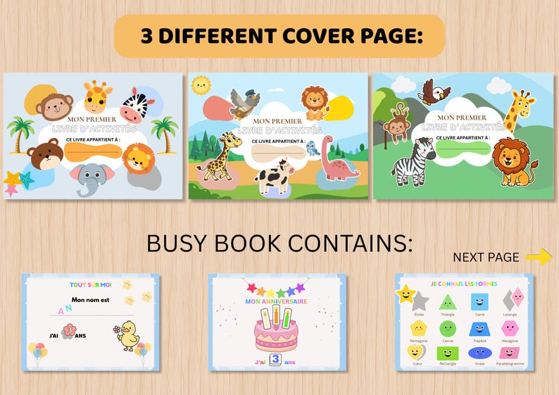 May include: Three activity book covers featuring cartoon animals like lions, giraffes, and zebras, with the text Mon Premier Livre D'Activit&eacute;s. Below, three activity pages show a birthday cake, shapes, and personal information sections.