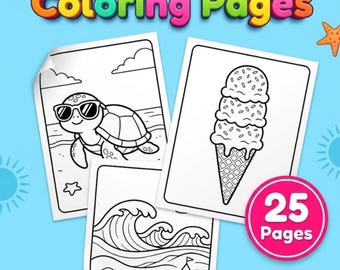 May include: A digital collection of 25 Summer Coloring Pages in US Letter size. The sheets feature black and white line art of a turtle with sunglasses, a triple-scoop ice cream cone, and ocean waves with a sandcastle on a light blue background.