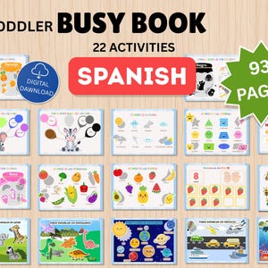 May include: A digital toddler busy book with 22 activities and 93 pages in Spanish. The layout features multiple colorful educational worksheets displaying animals, fruits, shapes, weather, planets, and the alphabet with various illustrations.