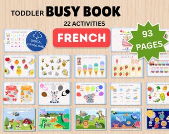 May include: A digital toddler busy book with 22 activities and 93 pages in French. The educational set features colorful illustrations of fruits, animals, weather, planets, and numbers, with text labels in French for interactive learning exercises.