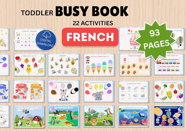 May include: A digital toddler busy book with 22 activities and 93 pages in French. The educational set features colorful illustrations of fruits, animals, weather, planets, and numbers, with text labels in French for interactive learning exercises.