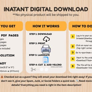 May include: An informational graphic for an instant digital download product. It details 93 PDF pages including 3 cover pages, 45 activity pages, and 45 cut-out pages. It outlines a four-step process: download, print, laminate, and cut with velcro.
