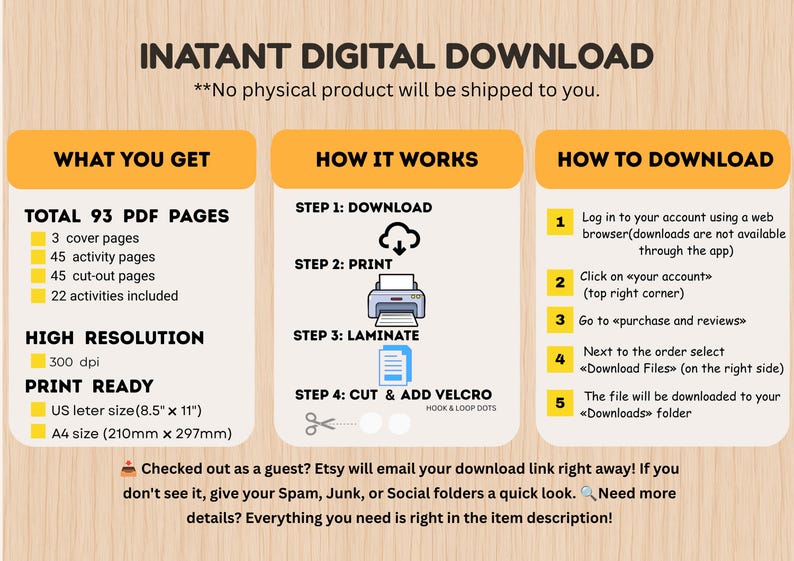 May include: An informational graphic for an instant digital download product. It details 93 PDF pages including 3 cover pages, 45 activity pages, and 45 cut-out pages. It outlines a four-step process: download, print, laminate, and cut with velcro.
