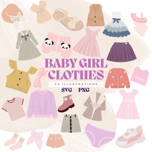 Vêtements de bébé fille SVG, Enfants de pépinière PNg, Boho Little Girl Baby Shower, Robe rose Clipart, Clipart de pépinière