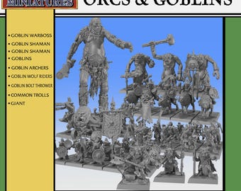 Ensemble de figurines d'armée d'orcs et de gobelins de 32 mm pour jeux de guerre (Donjons et Dragons). Comprend : un gargant des collines, un troll géant, des loups montés par un chaman et un chef de guerre nocturne.