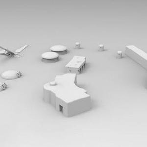 Puede incluir: Colección de piezas de modelo impresas en 3D de color blanco, que incluyen dos aviones, varias estructuras redondeadas y componentes arquitectónicos. Los modelos están dispuestos sobre una superficie blanca, lo que sugiere un tema de diseño o arquitectura.