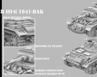 Panzer III G DAK 1940-41 | 28 mm 1/56 | Miniature en résine imprimée en 3D haute définition | Jeu de guerre Bolt Action | Char d'assaut d'Afrique du Nord (Seconde Guerre mondiale)