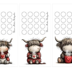 May include: Three illustrated budget trackers featuring a cartoon Highland cow holding a mug with a heart. Each tracker has 20 circles for tracking expenses. The text "Bear Made Budgets" is written on each tracker.