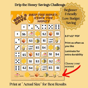Sfida di risparmio "Drip the Honey Stack the Money", gioco di dadi stampabile a tema ape "Roll and Save", tracker di budget in PDF