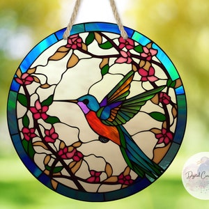 Design de sublimação redonda de vitral de beija-flor, PNG de sublimação, cabide de porta redonda de download digital, design de montanha-russa, coletor de sol