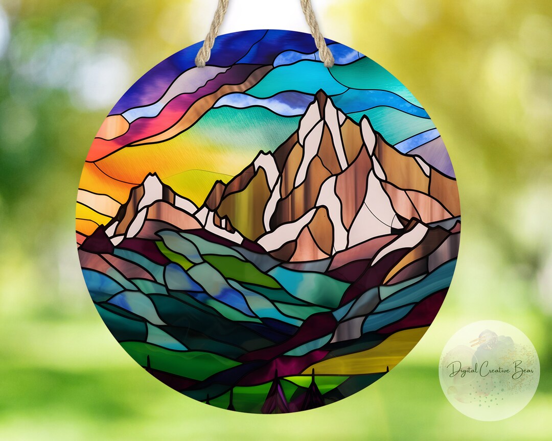 Stained Glass Mountains Round Sublimation Design, Sublimation PNG