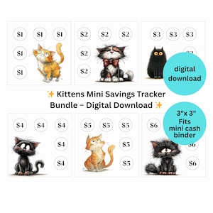 Pode incluir: Um pacote de download digital de mini rastreadores de poupança com gatinhos de desenho animado. Cada rastreador tem uma ilustração de gatinho diferente e os valores correspondentes, variando de 1 € a 6 €. Os rastreadores são projetados para uma mini pasta de dinheiro de 7,62 cm x 7,62 cm.