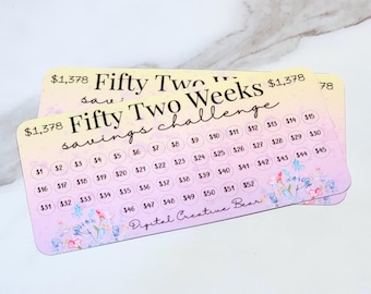 May include: Two pastel-colored savings challenge cards. The cards feature a gradient background with floral accents and the text "Fifty Two Weeks Savings Challenge." Each card has numbered circles for tracking savings, with a total savings goal of $1,378.