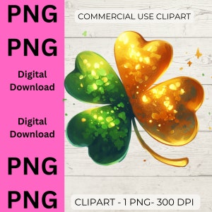 PNG verde e oro del trifoglio, set di San Valentino, arte stazionaria, disegni di magliette, decorazioni per diari, design di sublimazione, clipart di ST Patty