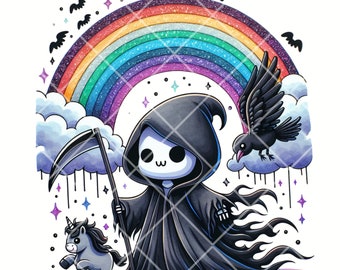 Cute Grim Reaper Rainbow Unicorn PNG, Goth T-shirt Sublimation (Digital Download)